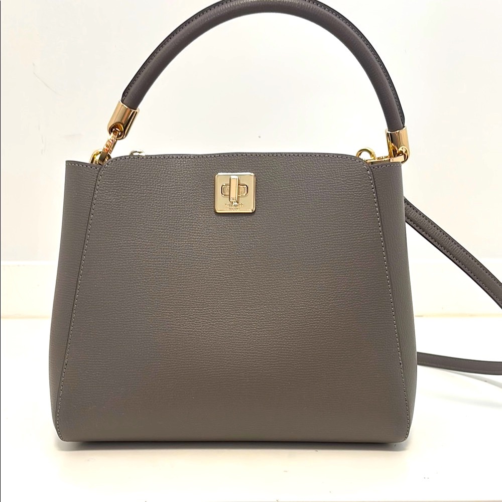 Kate Spade Grain Leather Top-Handle Satchel in Taupe Gray with Gold Hardware